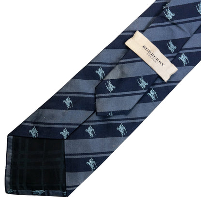 Vintage 2000s Burberry London Equestrian Knight Monogram Logo Striped Silk Tie in navy, photo 6