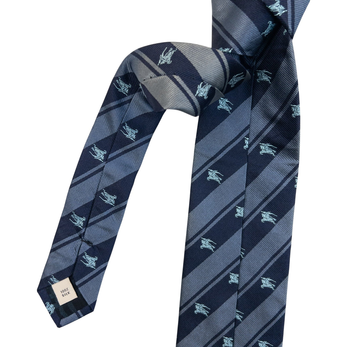 Vintage 2000s Burberry London Equestrian Knight Monogram Logo Striped Silk Tie in navy, photo 7