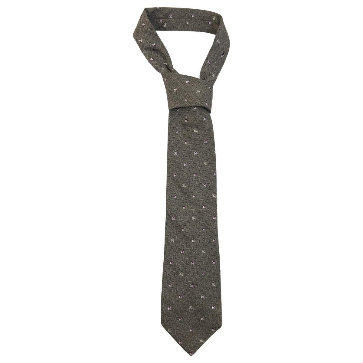 Vintage 2000s Burberry Monogram Silk Tie in khaki, purple and white accent colour