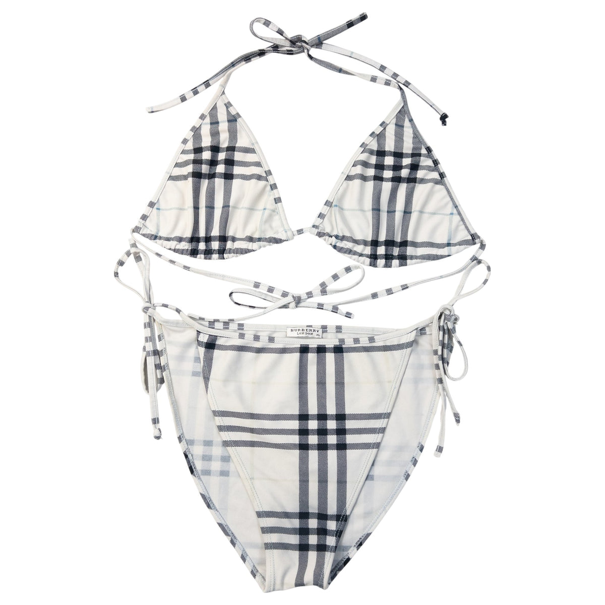 Vintage 2000s Burberry London Nova Check Triangle Bikini in white, navy and black accent colour