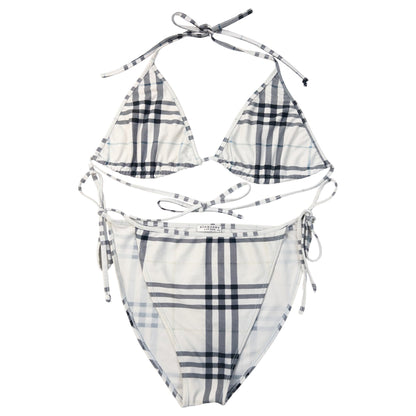 Vintage 2000s Burberry London Nova Check Triangle Bikini in white, navy and black accent colour