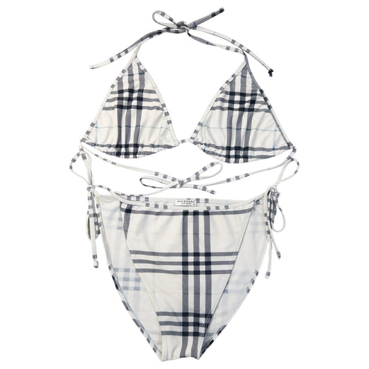 Vintage 2000s Burberry London Nova Check Triangle Bikini in white, navy and black accent colour