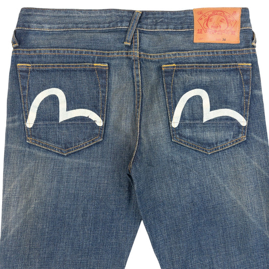 Vintage 2000s Evisu Genes Daicock Seagull Print Straight Leg Jeans in blue, white accent colour