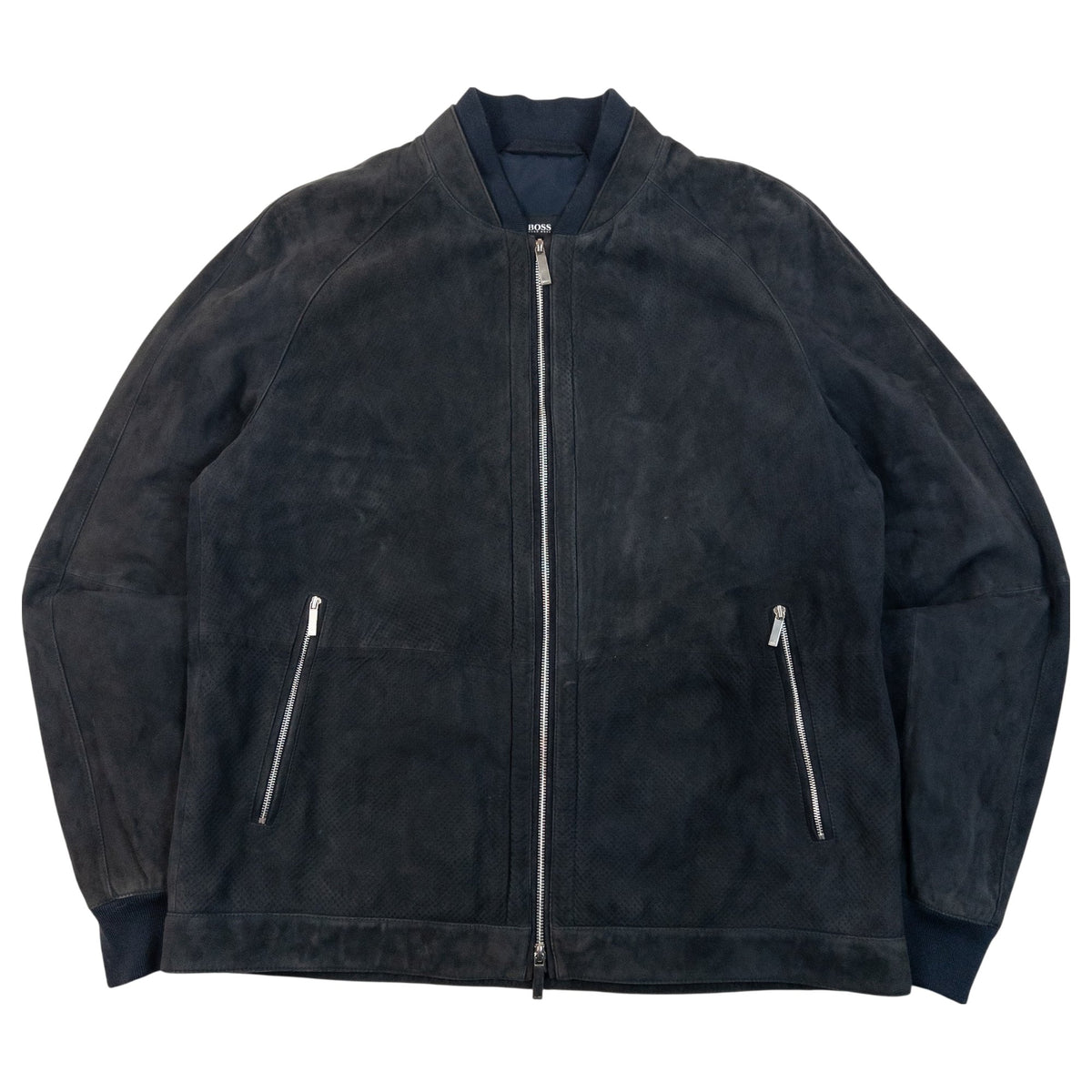 Vintage 2000s Hugo Boss Suede Leather Zip Up Bomber Jacket in navy, dark grey accent colour