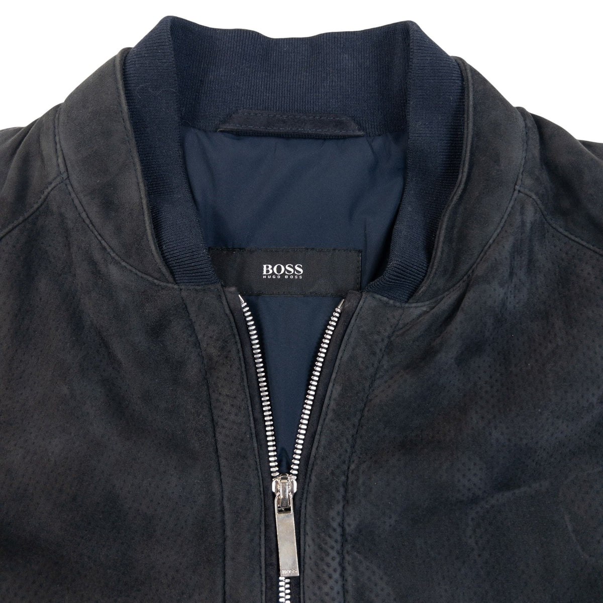 Vintage 2000s Hugo Boss Suede Leather Zip Up Bomber Jacket in navy, photo 4