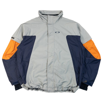 Vintage 2000s Oakley Road Fuel Zip Up Colour Block Jacket in grey, navy and orange accent colours