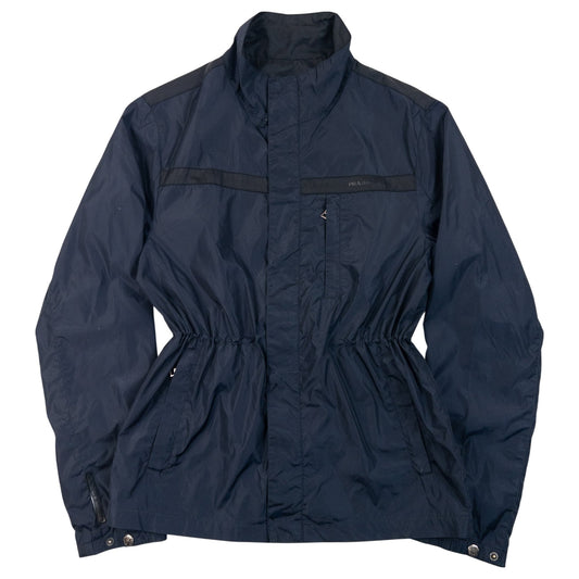 Vintage 2000s Prada Sport Nylon Zip Up Jacket in navy, black accent colour