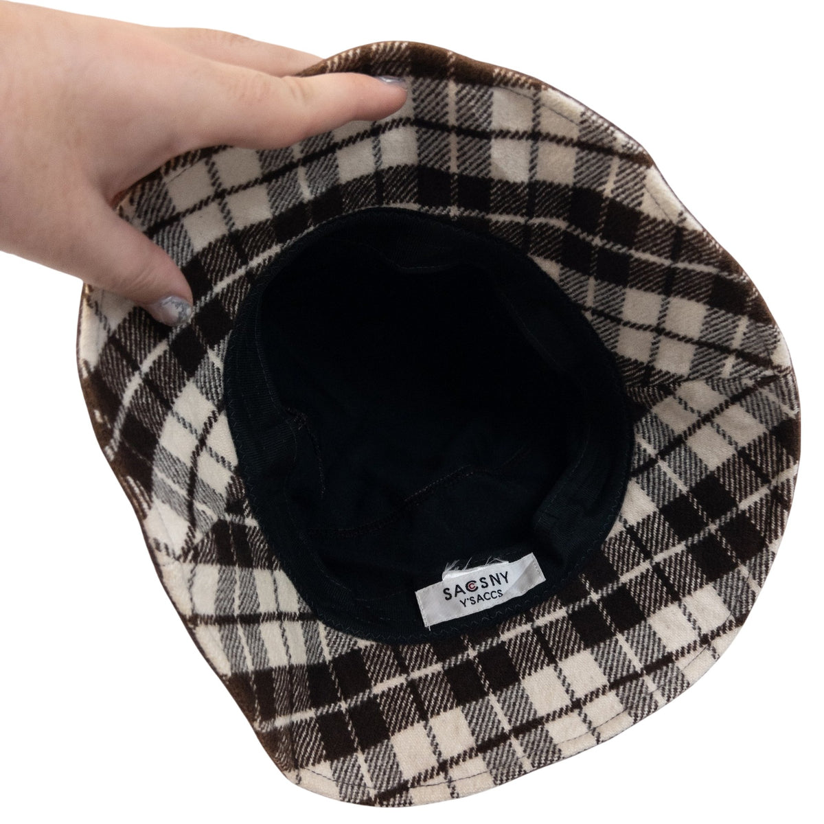 Vintage 2000s Y'saccs By Yohji Yamamoto Reversible Plaid Bucket Hat in brown, photo 5