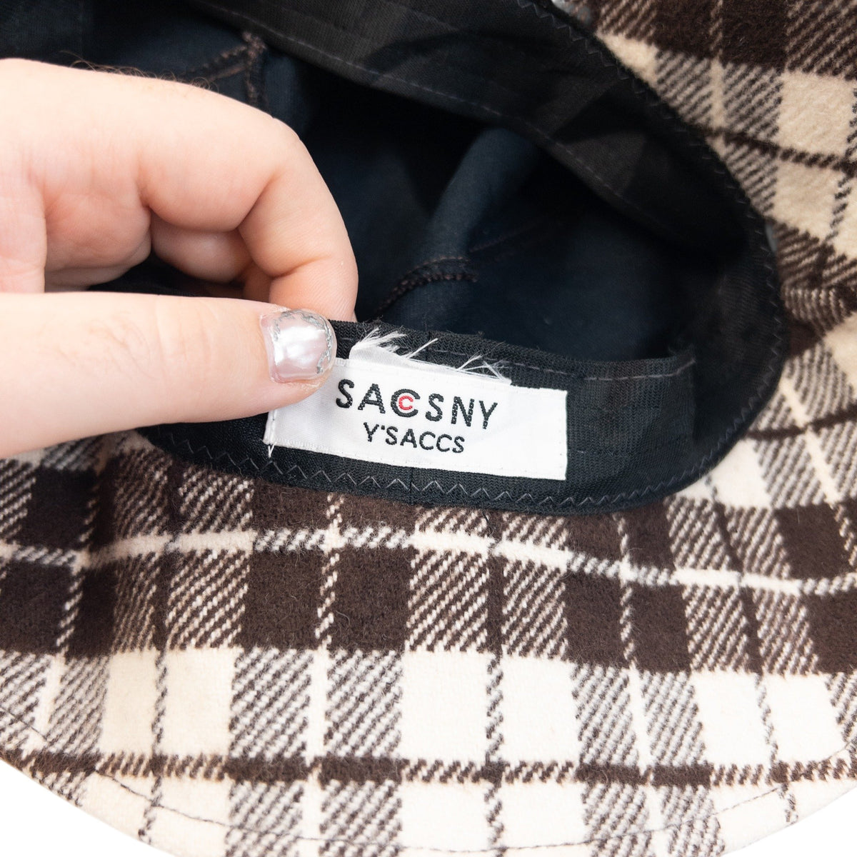 Vintage 2000s Y'saccs By Yohji Yamamoto Reversible Plaid Bucket Hat in brown, photo 6