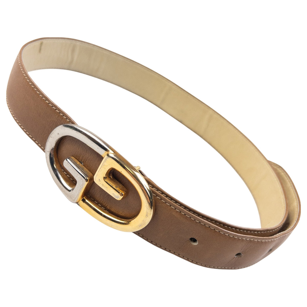 Vintage 80s Gucci Two Tone GG Buckle Leather Belt in brown, tan leather