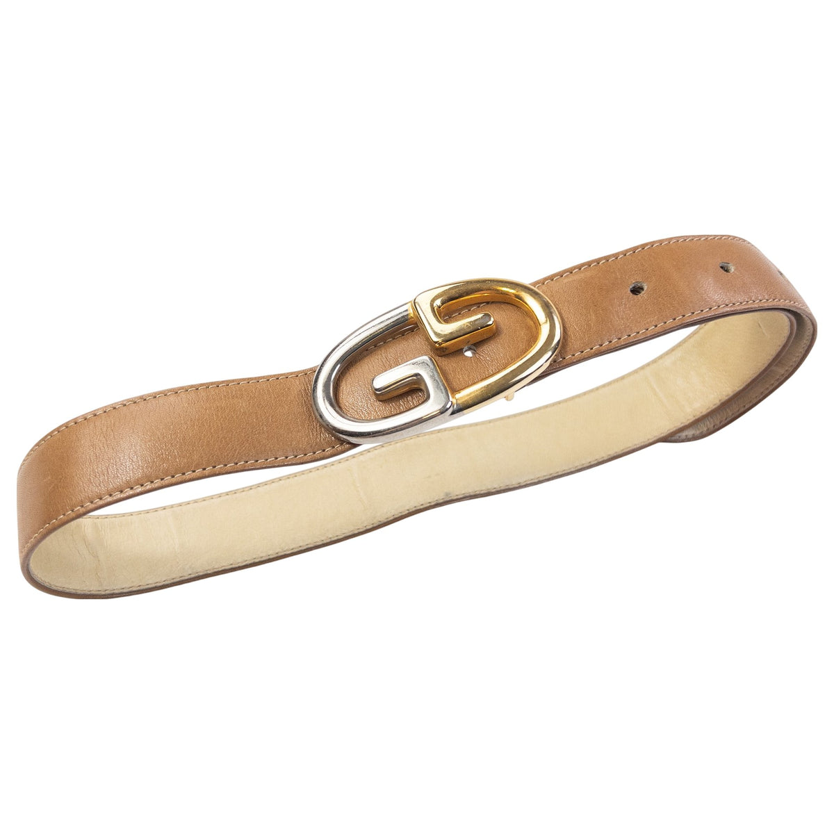 Vintage 80s Gucci Two Tone GG Buckle Leather Belt in brown, photo 2