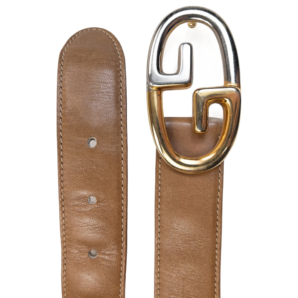 Vintage 80s Gucci Two Tone GG Buckle Leather Belt in brown, photo 5