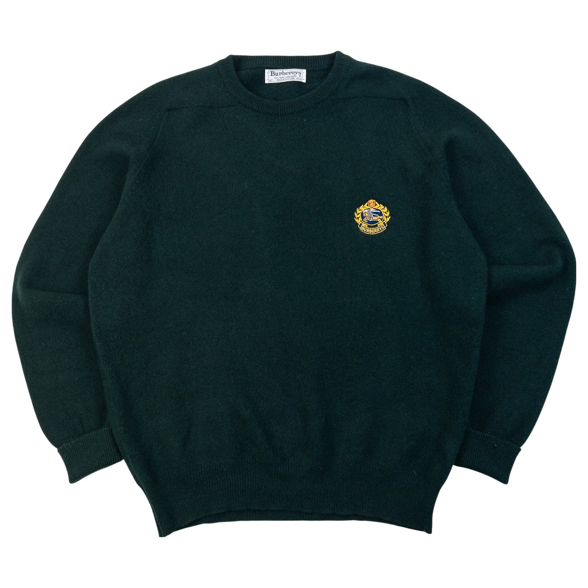 Vintage 90s Burberrys Crest Logo Lambswool Jumper in green, yellow and blue accent colour