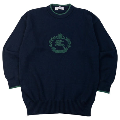 Vintage 90s Burberrys Knight Crest Logo Knit Jumper in navy, green accent colour