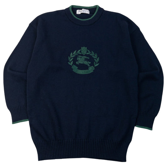 Vintage 90s Burberrys Knight Crest Logo Knit Jumper in navy, green accent colour