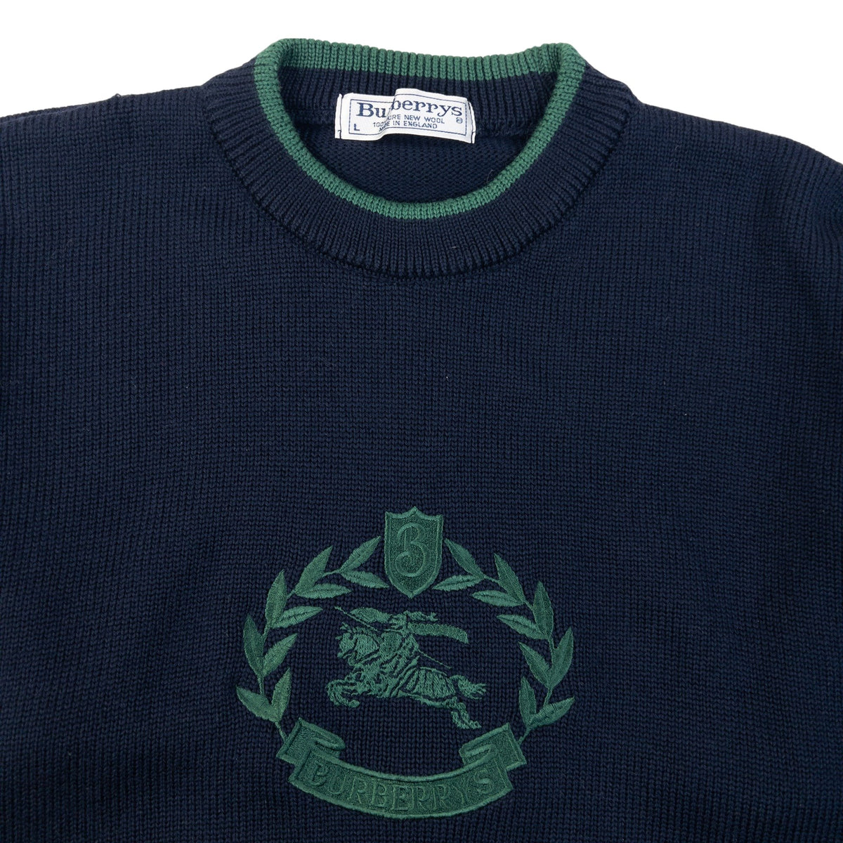 Vintage 90s Burberrys Knight Crest Logo Knit Jumper in navy, photo 3