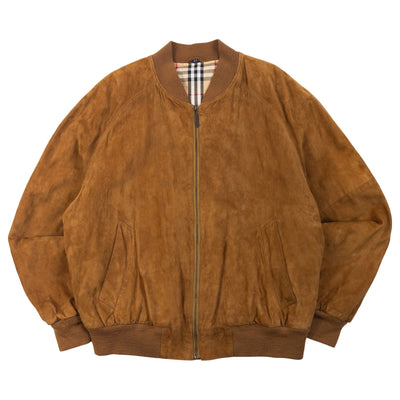 Vintage 90s Burberrys Nova Check Lined Suede Bomber Jacket in brown, beige accent colour