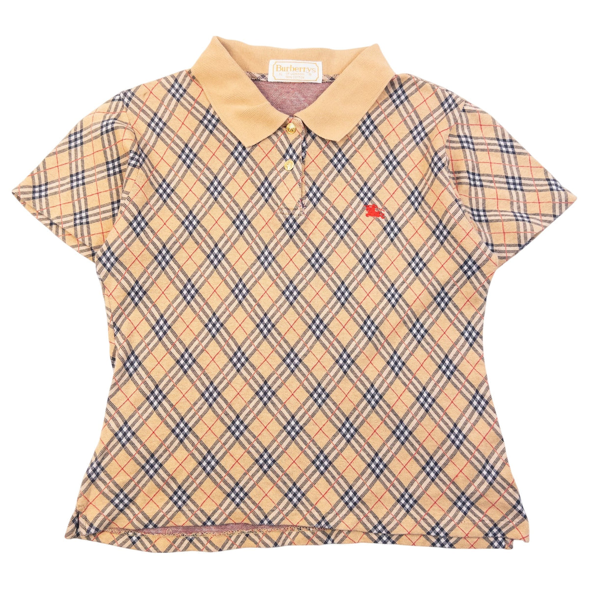 Vintage 90s Burberrys Nova Check Polo Shirt in beige, navy and red accent colour