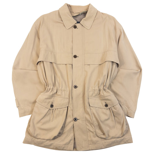 Vintage 90s Burberrys Zip Up Button Up Drawstring Waist Jacket in beige, brown accent colour