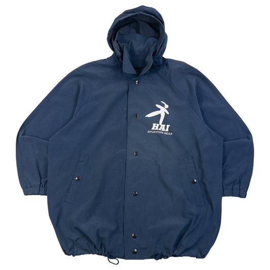 Vintage 90s HAI Sporting Gear Hooded Snap Button Jacket in navy, white accent colour