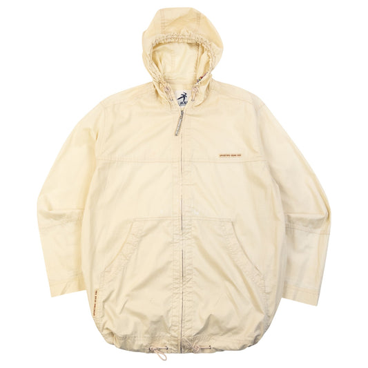 Vintage 90s Hai Sporting Gear By Issey Miyake Zip Up Hooded Jacket in cream, flag print lined trim