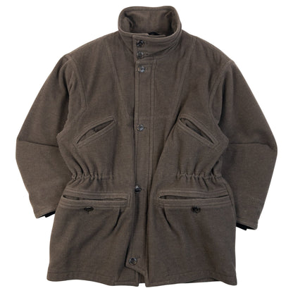 Vintage 90s Hugo Boss Wool Cashmere Button Up Funnel Neck Jacket in brown, black contrast lining