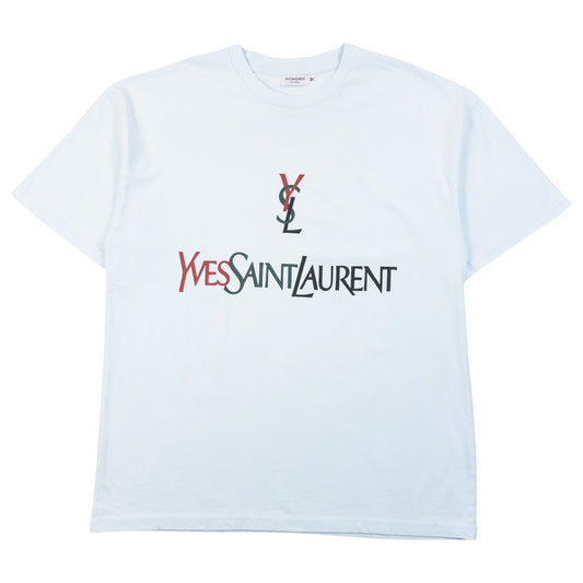 Vintage 90s YSL Yves Saint Laurent Pour Homme Logo T Shirt in blue, red and green accent colour