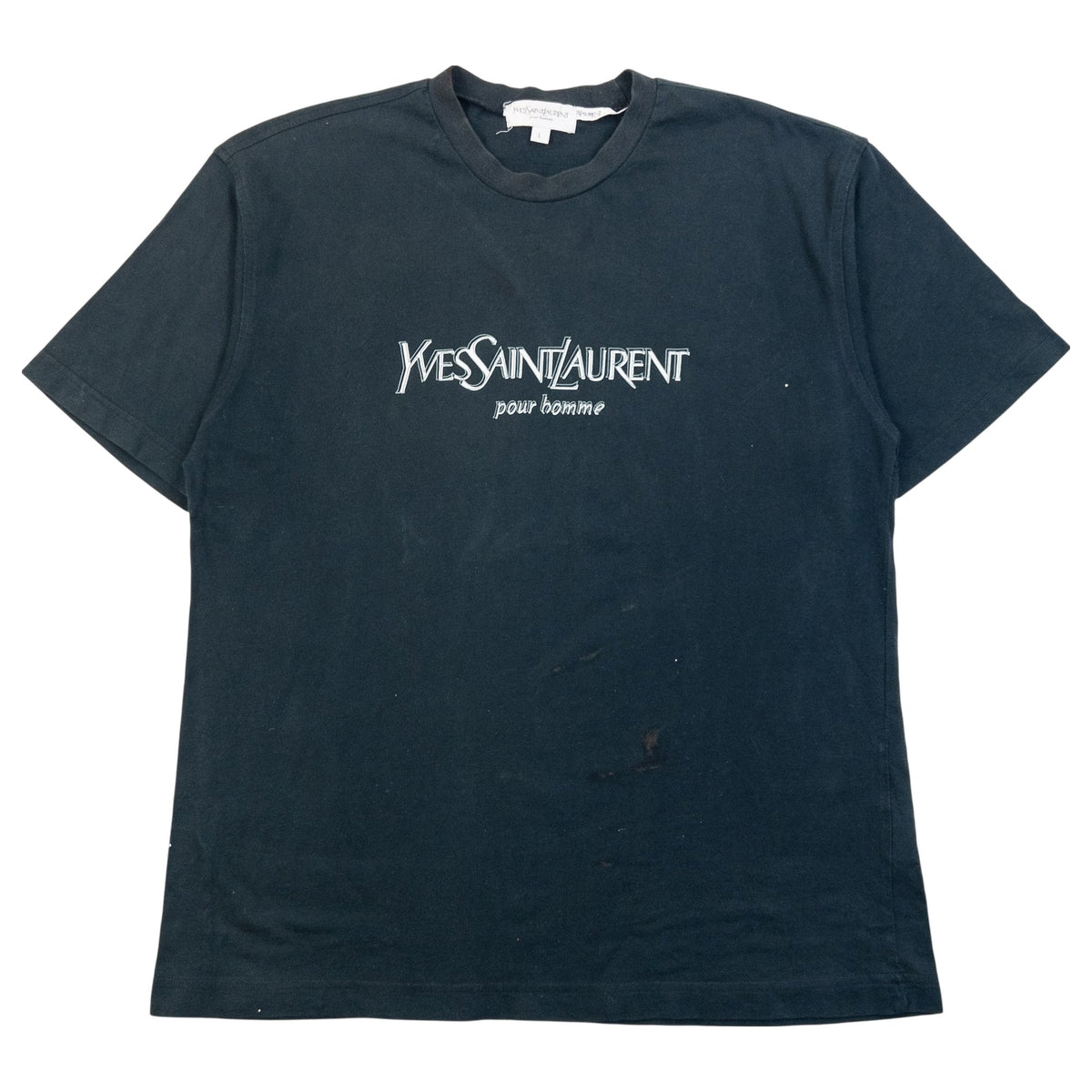 Vintage 90s YSL Yves Saint Laurent Pour Homme Logo T Shirt in black, white and grey accent colour