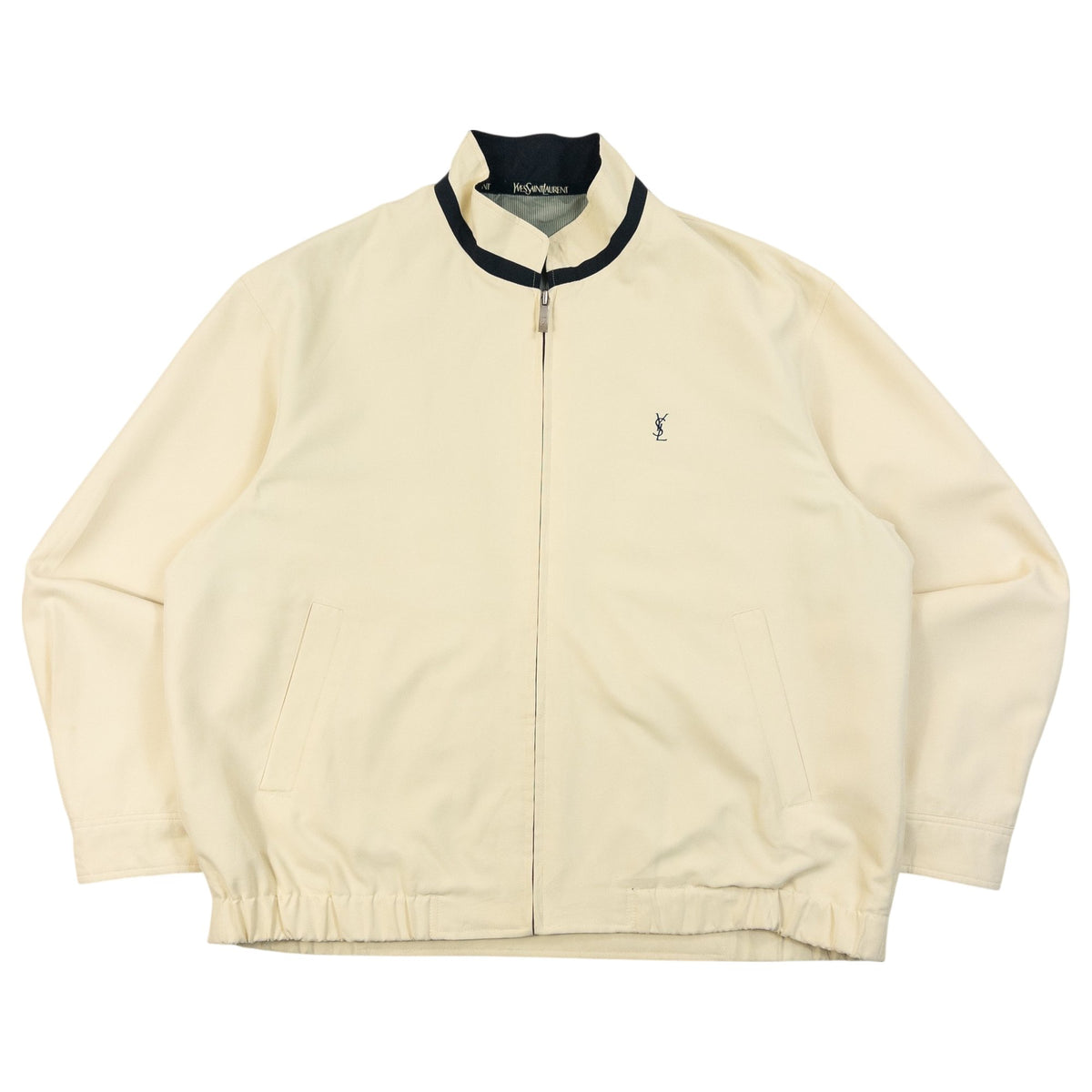 Vintage 90s YSL Yves Saint Laurent Pour Homme Zip Up Harrington Jacket in cream, navy accent colour