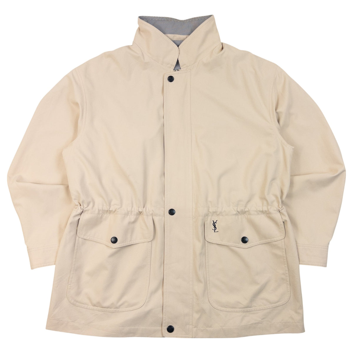 Vintage 90s YSL Yves Saint Laurent Pour Homme Zip Up Parka Jacket in cream, navy and white striped lining