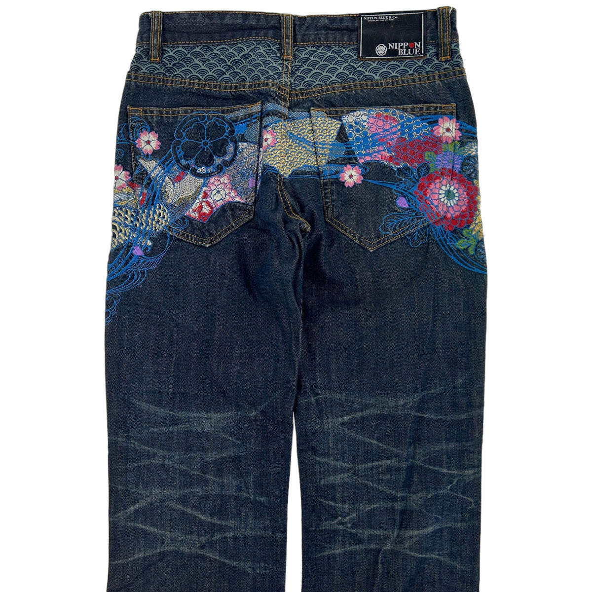 Vintage Koi Fish Nippon Blue Embroidered Japanese Denim Jeans Size W28